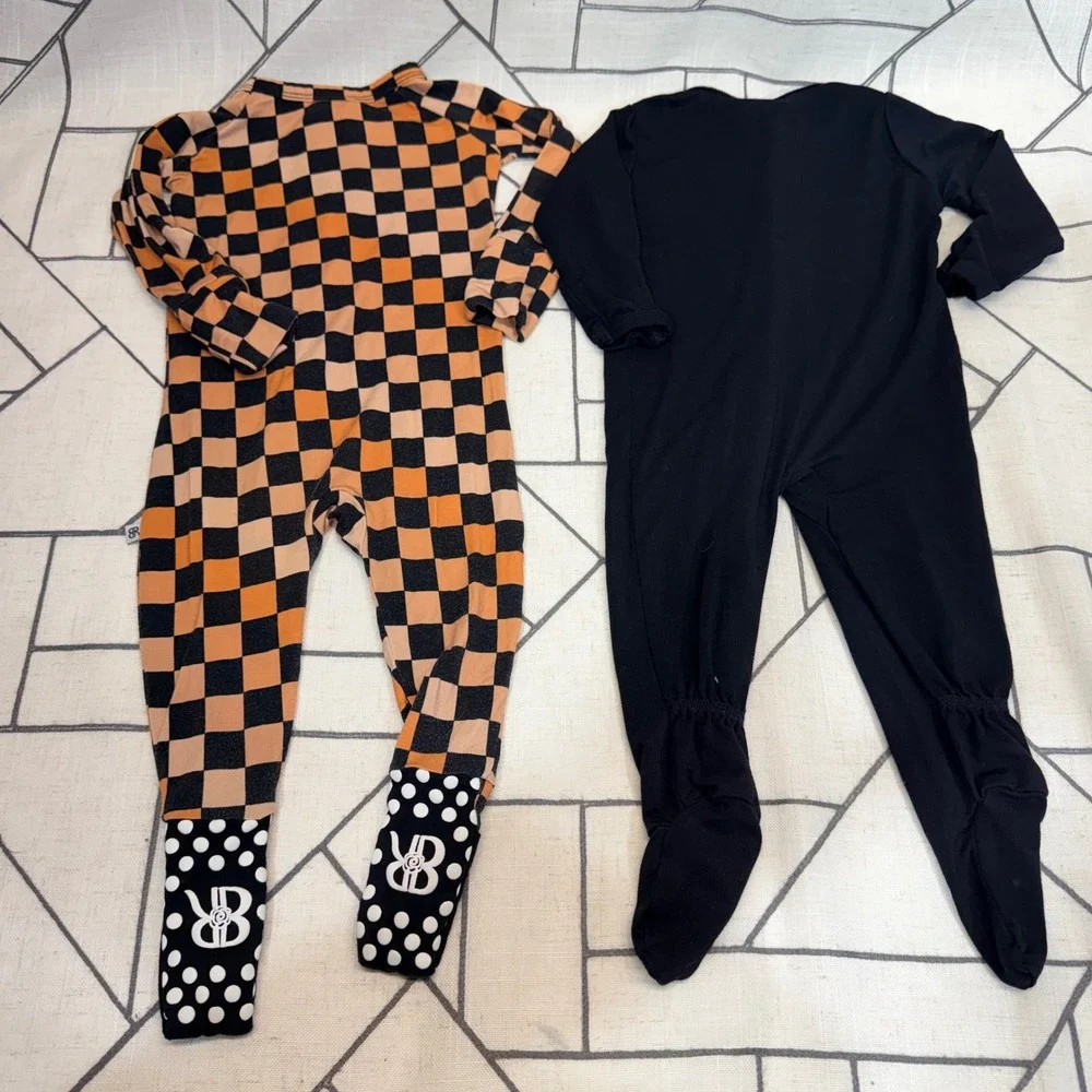 Bums & Roses Guisby Footie Sleepers 3-6 Months Black Orange Checkered Bamboo Set